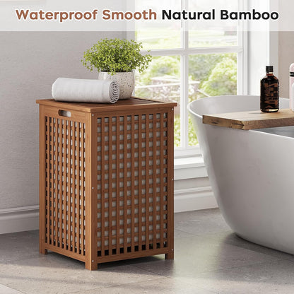 oakvivo Bamboo Laundry Hamper with Lid, 16.9" x 13.4" x 26.8" Wooden Clothes Basket with Removable Liner Bag, Space-Saving Laundry Sorter for Bathroom, Bedroom, and Laundry Room (Natural)
