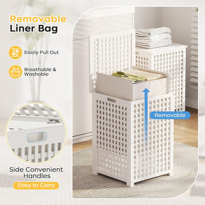 oakvivo Bamboo Laundry Hamper with Lid, 16.9" x 13.4" x 26.8" Wooden Clothes Basket with Removable Liner Bag, Space-Saving Laundry Sorter for Bathroom, Bedroom, and Laundry Room (Natural)