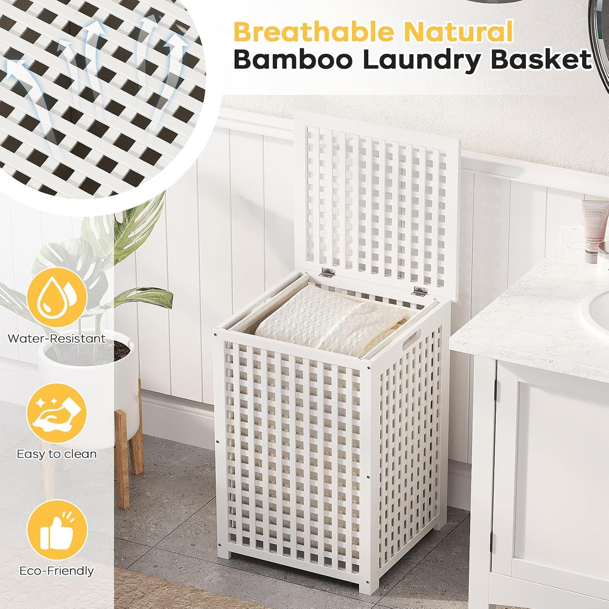 oakvivo Bamboo Laundry Hamper with Lid, 16.9" x 13.4" x 26.8" Wooden Clothes Basket with Removable Liner Bag, Space-Saving Laundry Sorter for Bathroom, Bedroom, and Laundry Room (Natural)