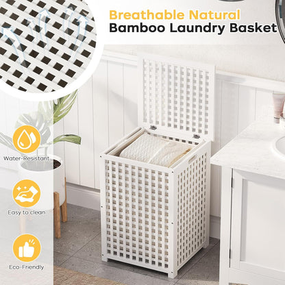 oakvivo Bamboo Laundry Hamper with Lid, 16.9" x 13.4" x 26.8" Wooden Clothes Basket with Removable Liner Bag, Space-Saving Laundry Sorter for Bathroom, Bedroom, and Laundry Room (Natural)