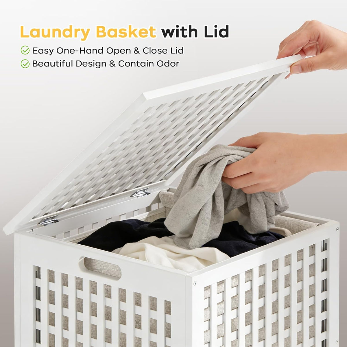 oakvivo Bamboo Laundry Hamper with Lid, 16.9" x 13.4" x 26.8" Wooden Clothes Basket with Removable Liner Bag, Space-Saving Laundry Sorter for Bathroom, Bedroom, and Laundry Room (Natural)