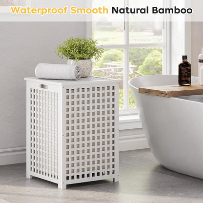 oakvivo Bamboo Laundry Hamper with Lid, 16.9" x 13.4" x 26.8" Wooden Clothes Basket with Removable Liner Bag, Space-Saving Laundry Sorter for Bathroom, Bedroom, and Laundry Room (Natural)