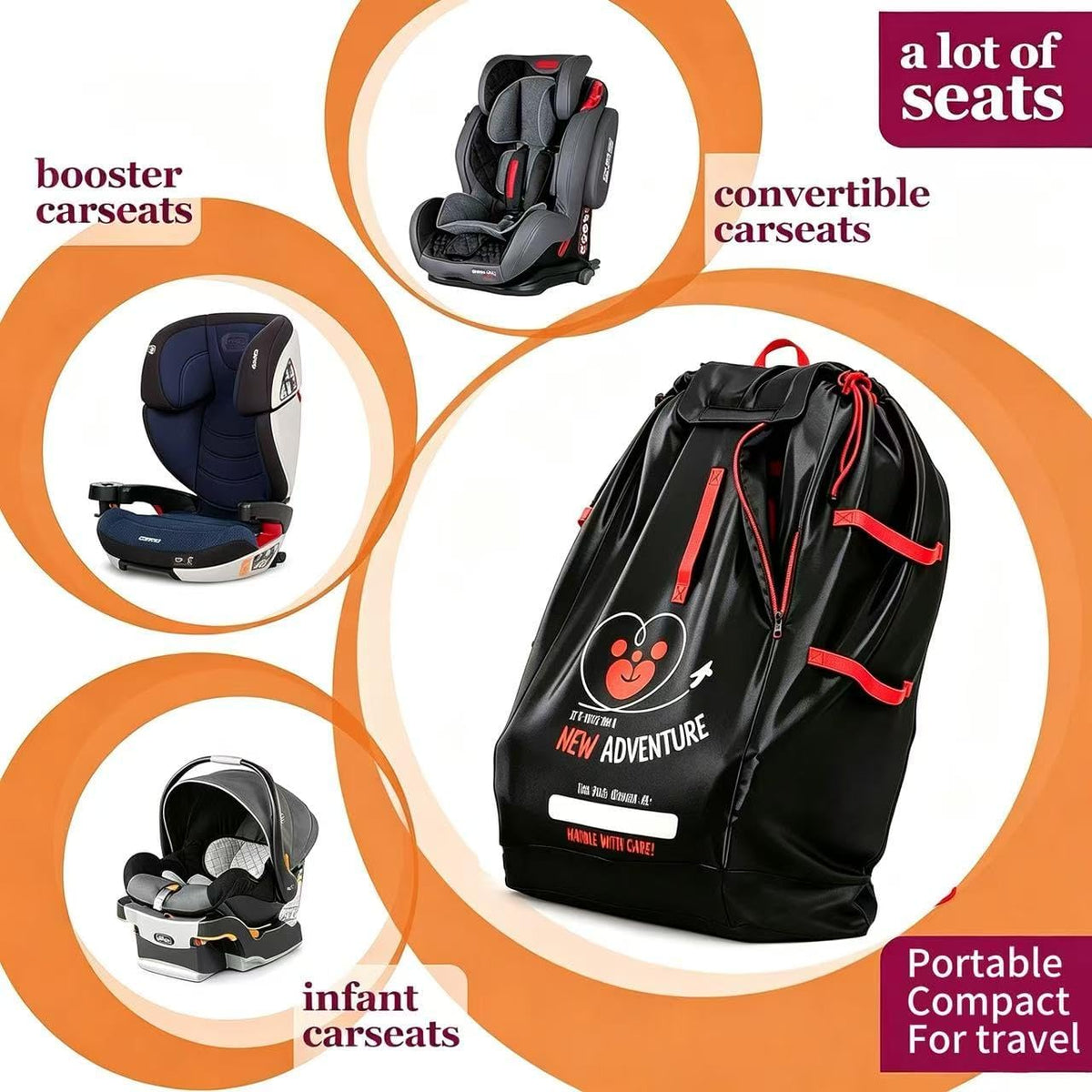 Large Car Seat Travel Bag, Waterproof 420Nylon Oxford Cloth Car Seat Storage Backpack, Foldable Airplane Gate Check Bag with Adjustable Shoulder Straps, Portable Handle For Travel Home Dust Protection