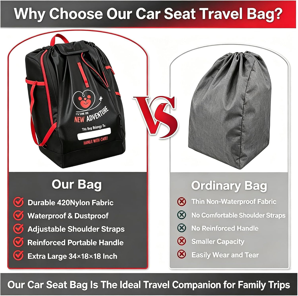 Large Car Seat Travel Bag, Waterproof 420Nylon Oxford Cloth Car Seat Storage Backpack, Foldable Airplane Gate Check Bag with Adjustable Shoulder Straps, Portable Handle For Travel Home Dust Protection