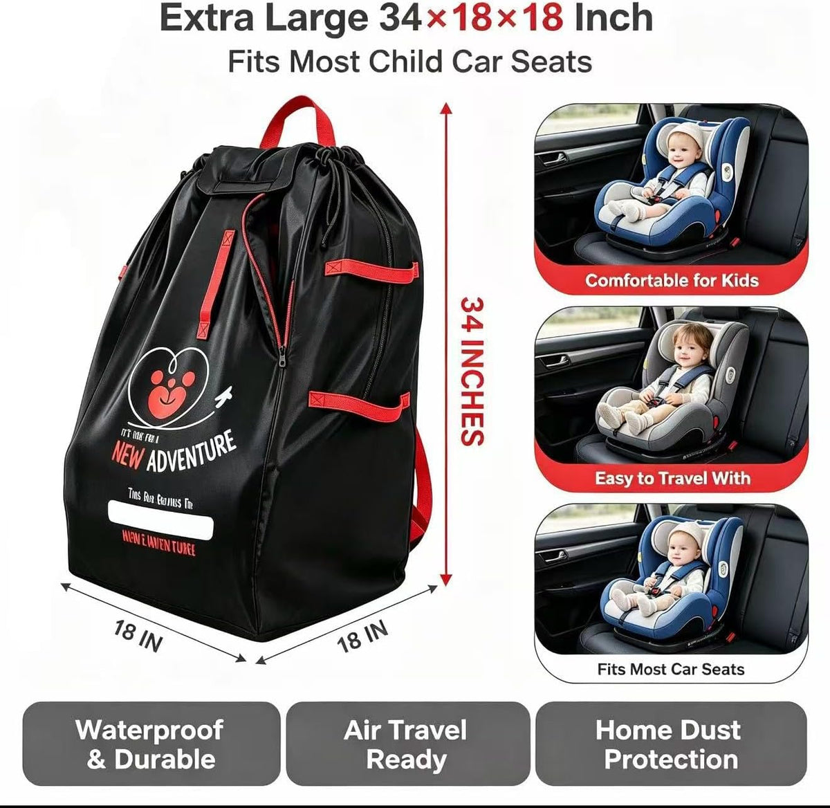 Large Car Seat Travel Bag, Waterproof 420Nylon Oxford Cloth Car Seat Storage Backpack, Foldable Airplane Gate Check Bag with Adjustable Shoulder Straps, Portable Handle For Travel Home Dust Protection