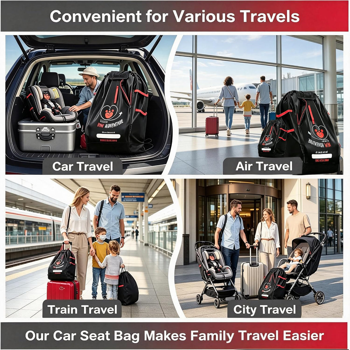 Large Car Seat Travel Bag, Waterproof 420Nylon Oxford Cloth Car Seat Storage Backpack, Foldable Airplane Gate Check Bag with Adjustable Shoulder Straps, Portable Handle For Travel Home Dust Protection