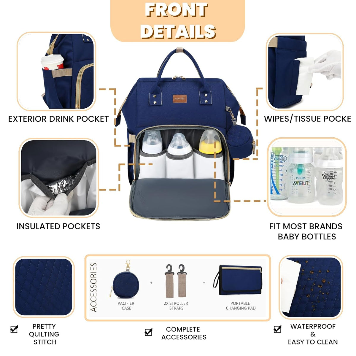 Diaper Bag Backpack with Changing Pad, Pacifier Case, Baby Bag for Boy Girl Toddler - Large, Stylish, Waterproof Travel Quilted Diaper Bag for Mom - Baby Shower - Navy Blue