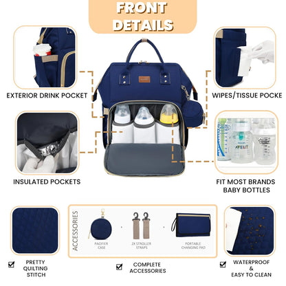Diaper Bag Backpack with Changing Pad, Pacifier Case, Baby Bag for Boy Girl Toddler - Large, Stylish, Waterproof Travel Quilted Diaper Bag for Mom - Baby Shower - Navy Blue