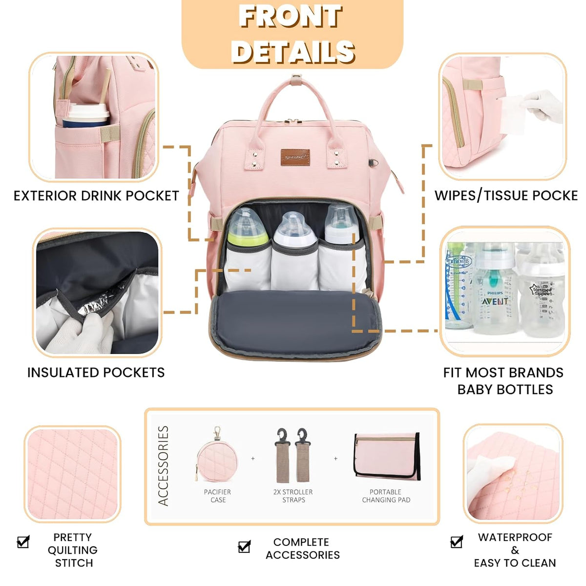 Diaper Bag Backpack with Changing Pad, Pacifier Case, Baby Bag for Boy Girl Toddler - Large, Stylish, Waterproof Travel Quilted Diaper Bag for Mom - Baby Shower - Navy Blue