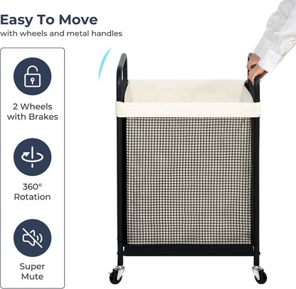 Laundry Hamper 3 Section, 120L Rolling Laundry Sorter Cart with Removable and Washable Liner Bag, Clothes Hamper with Wheels and Metal Handle for Laundry Room and Bedroom, Gray
