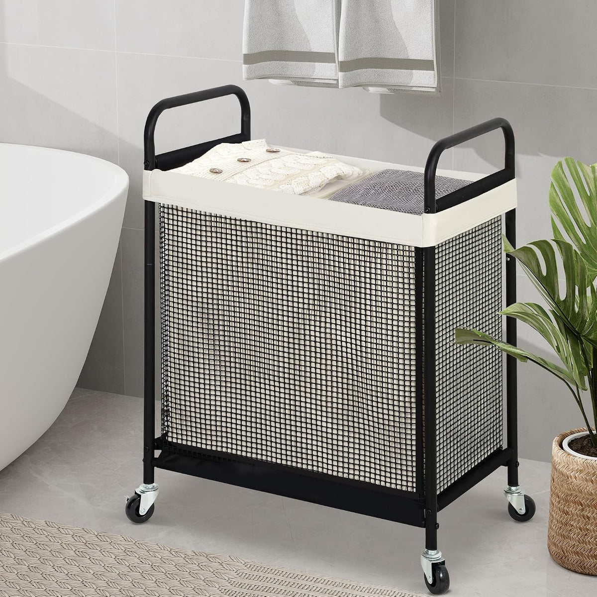 Laundry Hamper 3 Section, 120L Rolling Laundry Sorter Cart with Removable and Washable Liner Bag, Clothes Hamper with Wheels and Metal Handle for Laundry Room and Bedroom, Gray