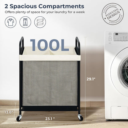 Laundry Hamper 3 Section, 120L Rolling Laundry Sorter Cart with Removable and Washable Liner Bag, Clothes Hamper with Wheels and Metal Handle for Laundry Room and Bedroom, Gray