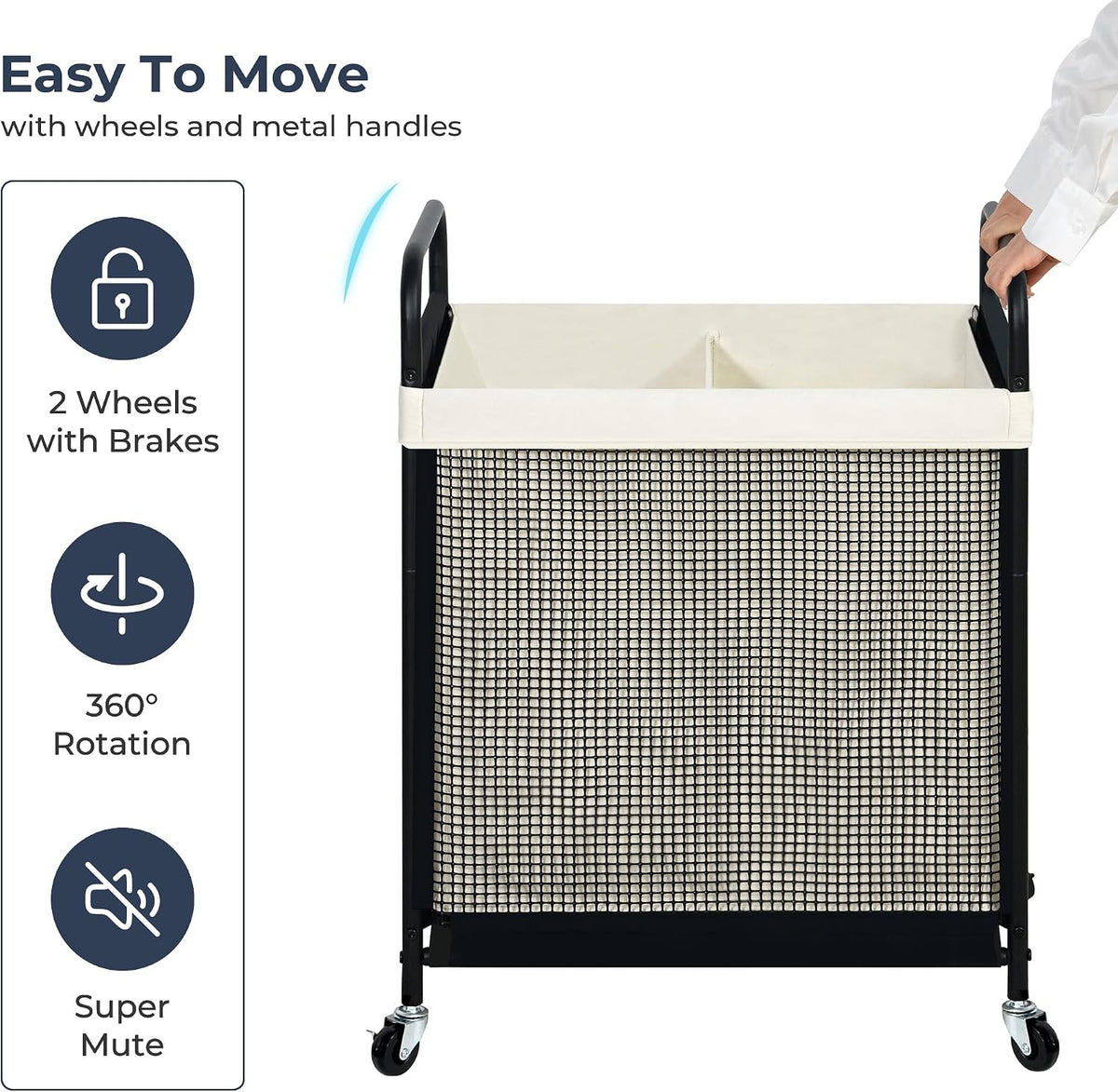 Laundry Hamper 3 Section, 120L Rolling Laundry Sorter Cart with Removable and Washable Liner Bag, Clothes Hamper with Wheels and Metal Handle for Laundry Room and Bedroom, Gray
