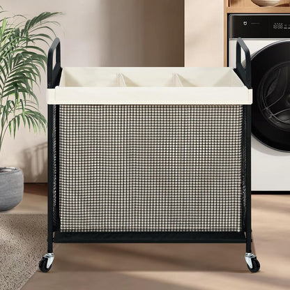 Laundry Hamper 3 Section, 120L Rolling Laundry Sorter Cart with Removable and Washable Liner Bag, Clothes Hamper with Wheels and Metal Handle for Laundry Room and Bedroom, Gray