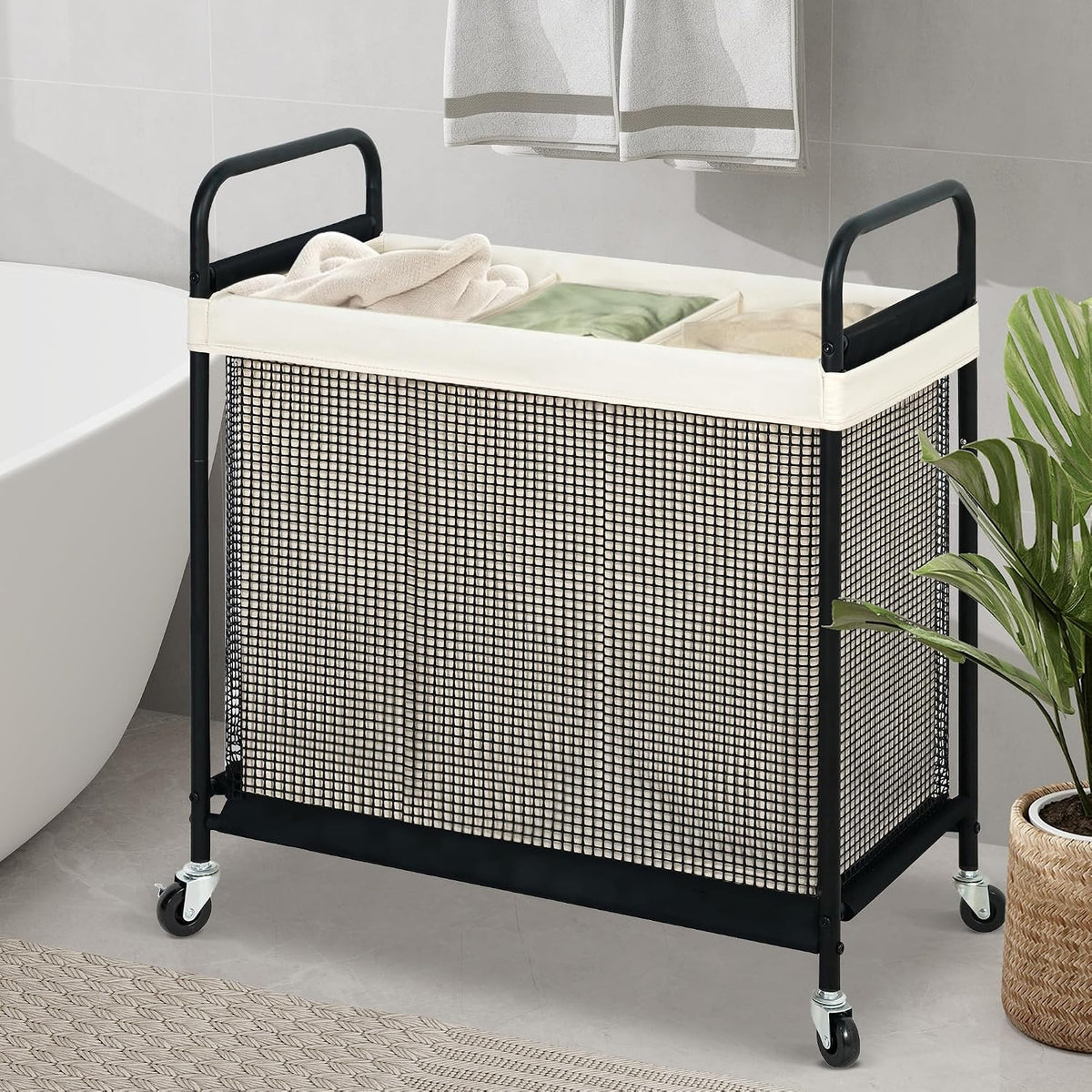 Laundry Hamper 3 Section, 120L Rolling Laundry Sorter Cart with Removable and Washable Liner Bag, Clothes Hamper with Wheels and Metal Handle for Laundry Room and Bedroom, Gray