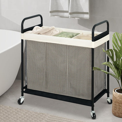Laundry Hamper 3 Section, 120L Rolling Laundry Sorter Cart with Removable and Washable Liner Bag, Clothes Hamper with Wheels and Metal Handle for Laundry Room and Bedroom, Gray