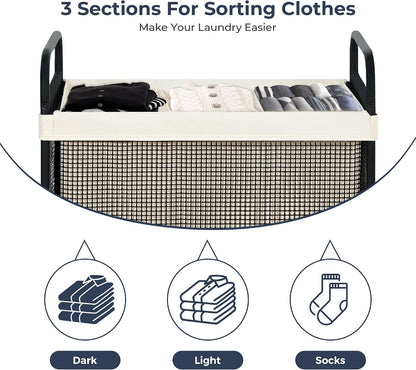 Laundry Hamper 3 Section, 120L Rolling Laundry Sorter Cart with Removable and Washable Liner Bag, Clothes Hamper with Wheels and Metal Handle for Laundry Room and Bedroom, Gray