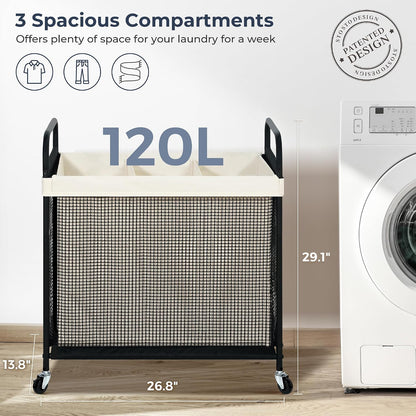 Laundry Hamper 3 Section, 120L Rolling Laundry Sorter Cart with Removable and Washable Liner Bag, Clothes Hamper with Wheels and Metal Handle for Laundry Room and Bedroom, Gray