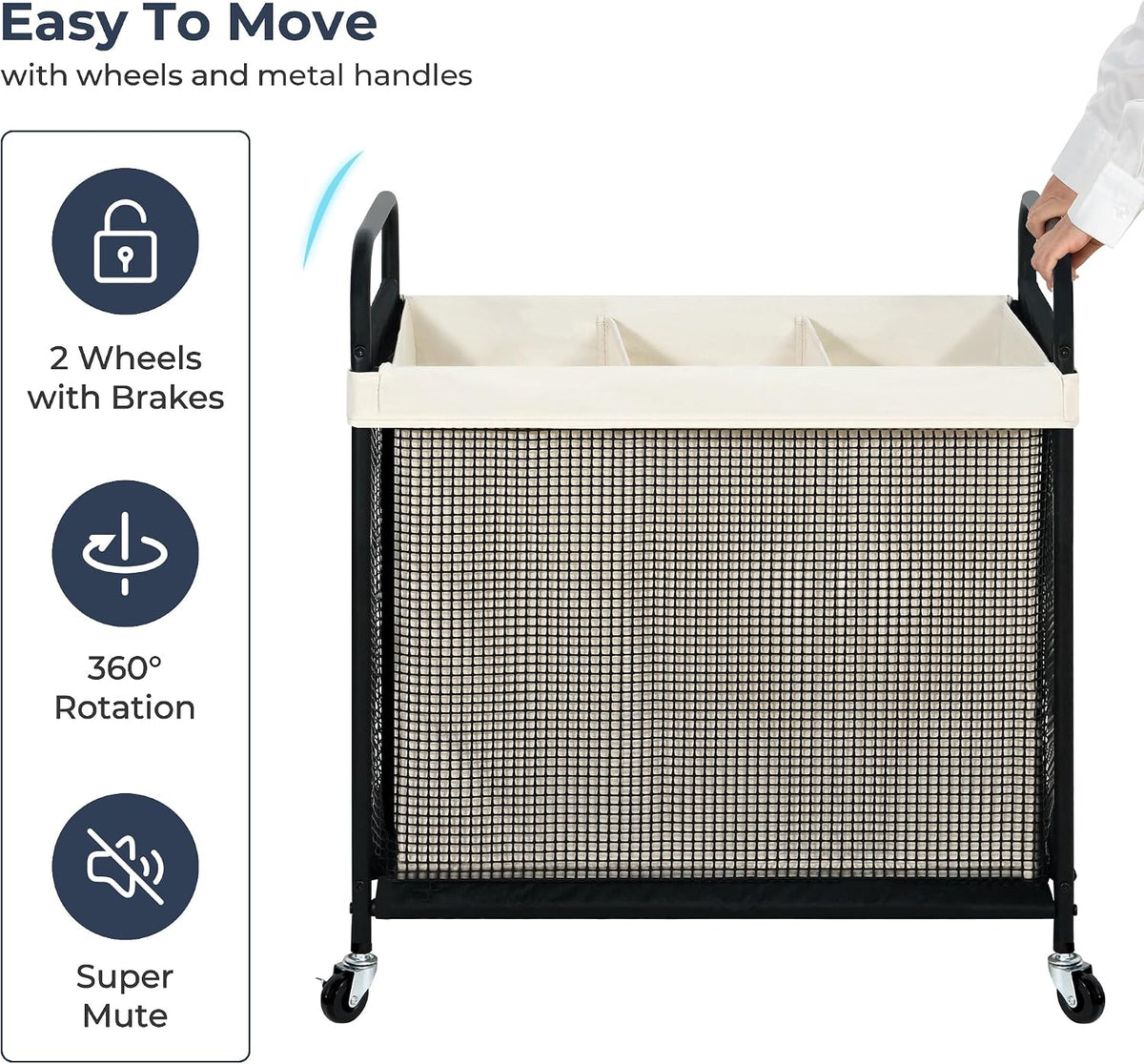 Laundry Hamper 3 Section, 120L Rolling Laundry Sorter Cart with Removable and Washable Liner Bag, Clothes Hamper with Wheels and Metal Handle for Laundry Room and Bedroom, Gray