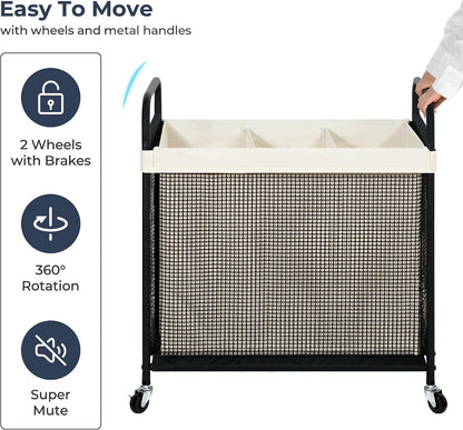 Laundry Hamper 3 Section, 120L Rolling Laundry Sorter Cart with Removable and Washable Liner Bag, Clothes Hamper with Wheels and Metal Handle for Laundry Room and Bedroom, Gray