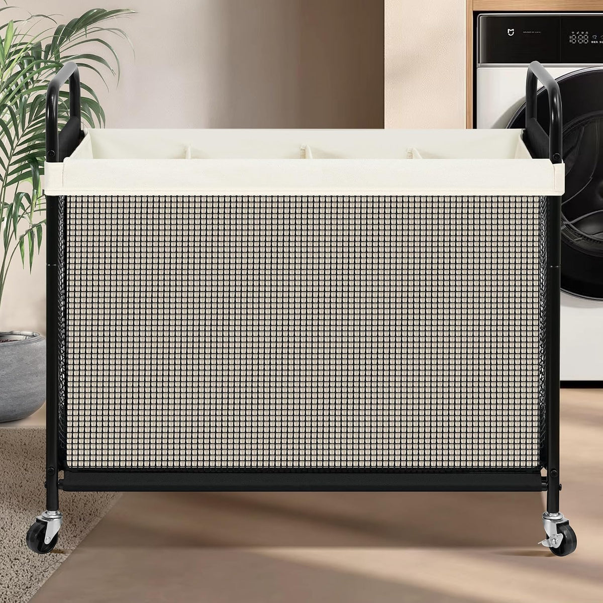 Laundry Hamper 3 Section, 120L Rolling Laundry Sorter Cart with Removable and Washable Liner Bag, Clothes Hamper with Wheels and Metal Handle for Laundry Room and Bedroom, Gray
