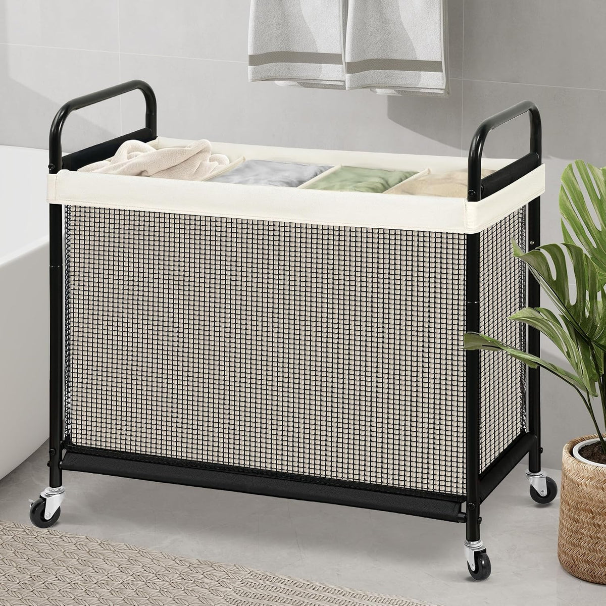 Laundry Hamper 3 Section, 120L Rolling Laundry Sorter Cart with Removable and Washable Liner Bag, Clothes Hamper with Wheels and Metal Handle for Laundry Room and Bedroom, Gray