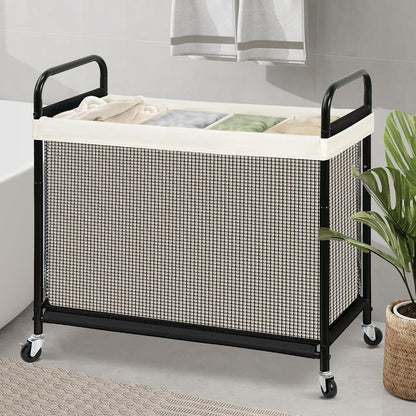 Laundry Hamper 3 Section, 120L Rolling Laundry Sorter Cart with Removable and Washable Liner Bag, Clothes Hamper with Wheels and Metal Handle for Laundry Room and Bedroom, Gray