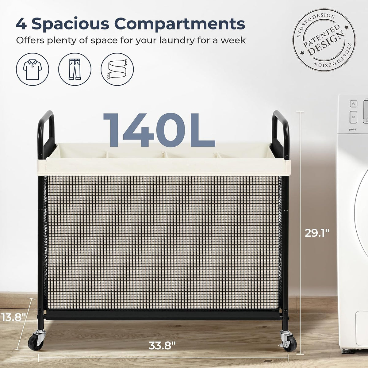 Laundry Hamper 3 Section, 120L Rolling Laundry Sorter Cart with Removable and Washable Liner Bag, Clothes Hamper with Wheels and Metal Handle for Laundry Room and Bedroom, Gray
