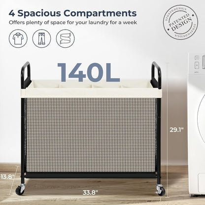 Laundry Hamper 3 Section, 120L Rolling Laundry Sorter Cart with Removable and Washable Liner Bag, Clothes Hamper with Wheels and Metal Handle for Laundry Room and Bedroom, Gray