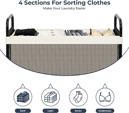 Laundry Hamper 3 Section, 120L Rolling Laundry Sorter Cart with Removable and Washable Liner Bag, Clothes Hamper with Wheels and Metal Handle for Laundry Room and Bedroom, Gray