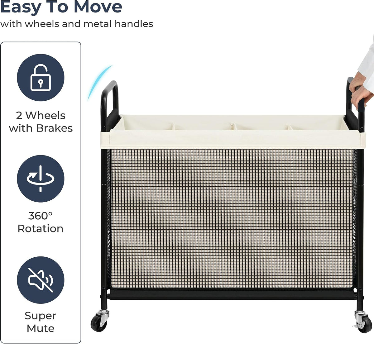 Laundry Hamper 3 Section, 120L Rolling Laundry Sorter Cart with Removable and Washable Liner Bag, Clothes Hamper with Wheels and Metal Handle for Laundry Room and Bedroom, Gray
