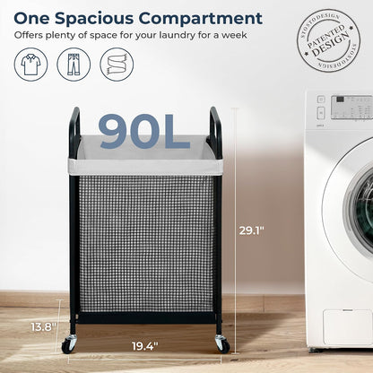 Laundry Hamper 3 Section, 120L Rolling Laundry Sorter Cart with Removable and Washable Liner Bag, Clothes Hamper with Wheels and Metal Handle for Laundry Room and Bedroom, Gray