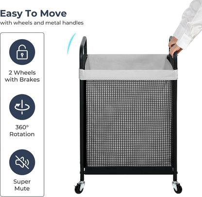 Laundry Hamper 3 Section, 120L Rolling Laundry Sorter Cart with Removable and Washable Liner Bag, Clothes Hamper with Wheels and Metal Handle for Laundry Room and Bedroom, Gray
