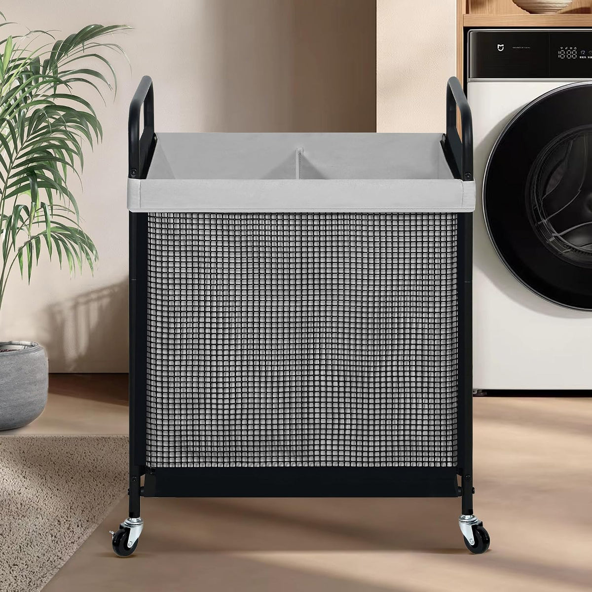 Laundry Hamper 3 Section, 120L Rolling Laundry Sorter Cart with Removable and Washable Liner Bag, Clothes Hamper with Wheels and Metal Handle for Laundry Room and Bedroom, Gray