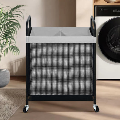 Laundry Hamper 3 Section, 120L Rolling Laundry Sorter Cart with Removable and Washable Liner Bag, Clothes Hamper with Wheels and Metal Handle for Laundry Room and Bedroom, Gray
