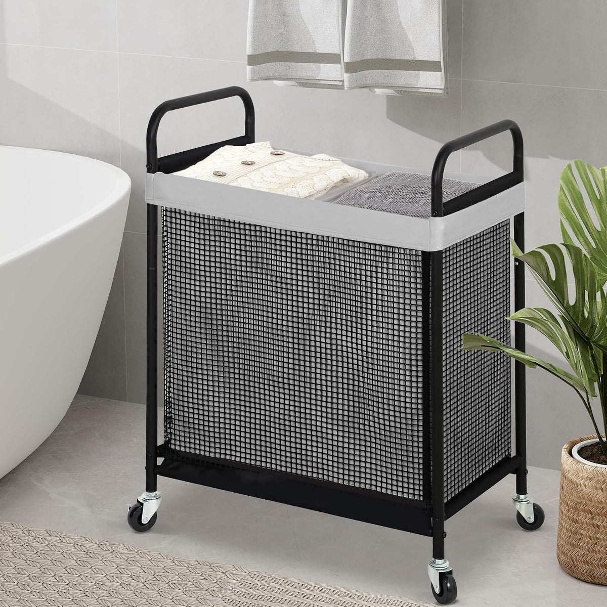 Laundry Hamper 3 Section, 120L Rolling Laundry Sorter Cart with Removable and Washable Liner Bag, Clothes Hamper with Wheels and Metal Handle for Laundry Room and Bedroom, Gray