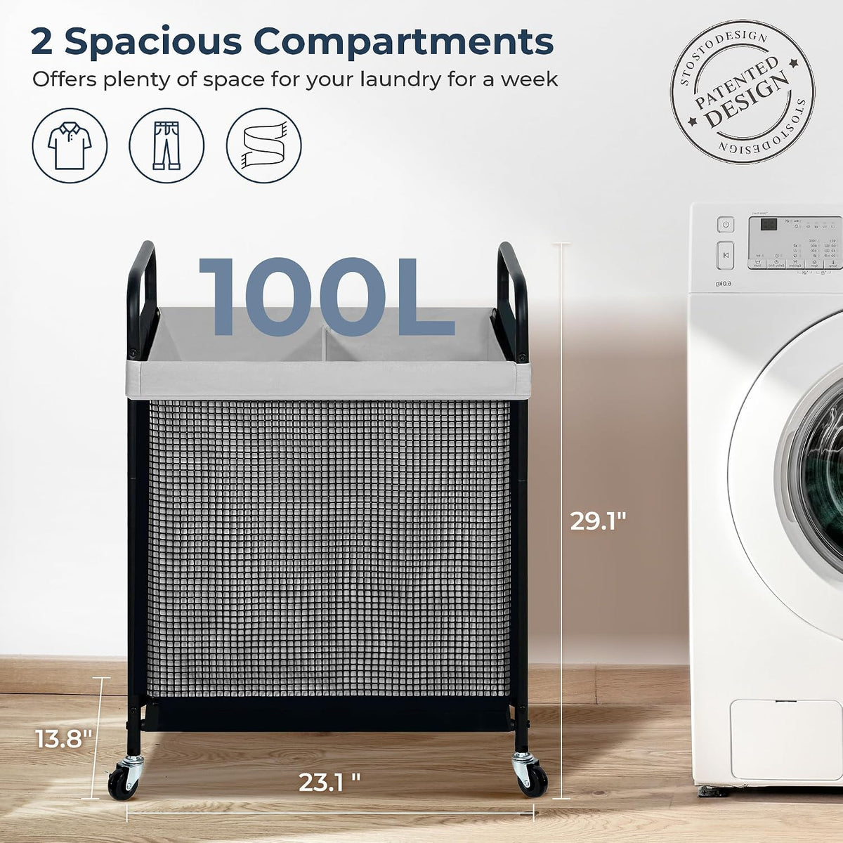 Laundry Hamper 3 Section, 120L Rolling Laundry Sorter Cart with Removable and Washable Liner Bag, Clothes Hamper with Wheels and Metal Handle for Laundry Room and Bedroom, Gray