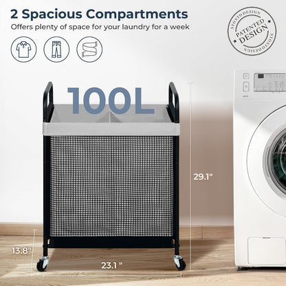Laundry Hamper 3 Section, 120L Rolling Laundry Sorter Cart with Removable and Washable Liner Bag, Clothes Hamper with Wheels and Metal Handle for Laundry Room and Bedroom, Gray