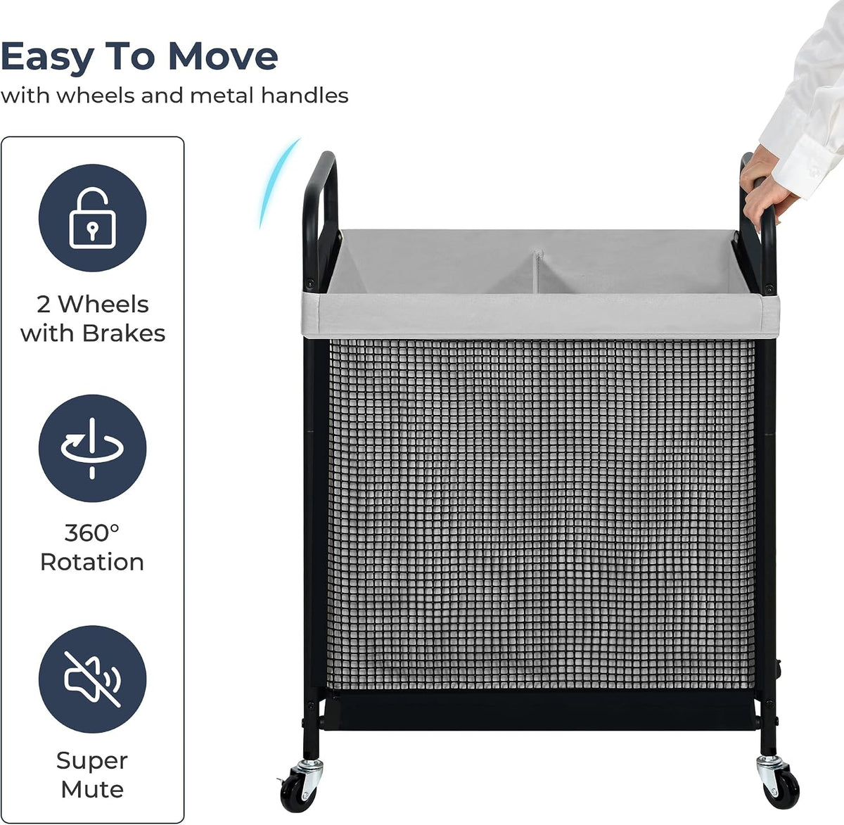 Laundry Hamper 3 Section, 120L Rolling Laundry Sorter Cart with Removable and Washable Liner Bag, Clothes Hamper with Wheels and Metal Handle for Laundry Room and Bedroom, Gray