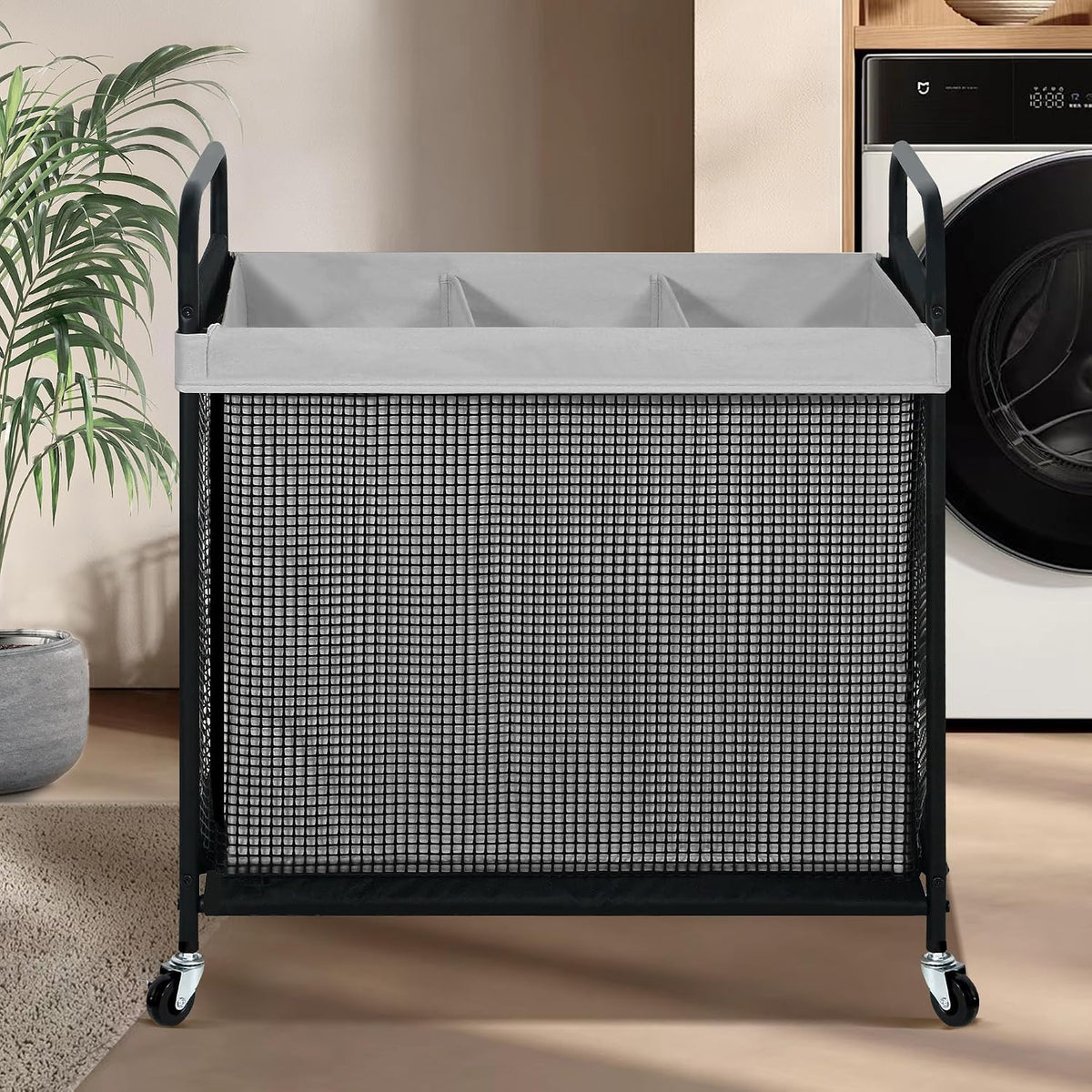 Laundry Hamper 3 Section, 120L Rolling Laundry Sorter Cart with Removable and Washable Liner Bag, Clothes Hamper with Wheels and Metal Handle for Laundry Room and Bedroom, Gray