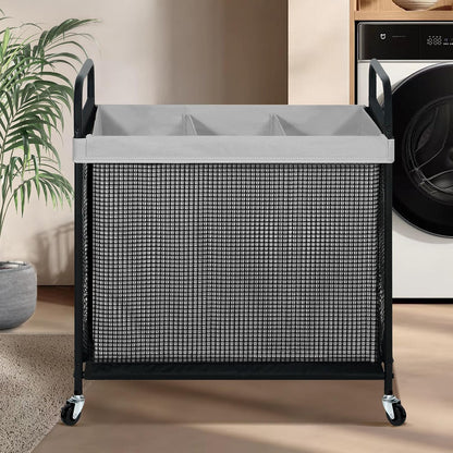 Laundry Hamper 3 Section, 120L Rolling Laundry Sorter Cart with Removable and Washable Liner Bag, Clothes Hamper with Wheels and Metal Handle for Laundry Room and Bedroom, Gray