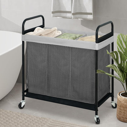 Laundry Hamper 3 Section, 120L Rolling Laundry Sorter Cart with Removable and Washable Liner Bag, Clothes Hamper with Wheels and Metal Handle for Laundry Room and Bedroom, Gray