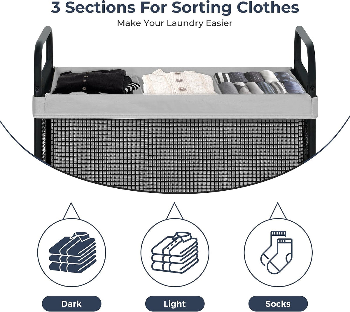 Laundry Hamper 3 Section, 120L Rolling Laundry Sorter Cart with Removable and Washable Liner Bag, Clothes Hamper with Wheels and Metal Handle for Laundry Room and Bedroom, Gray