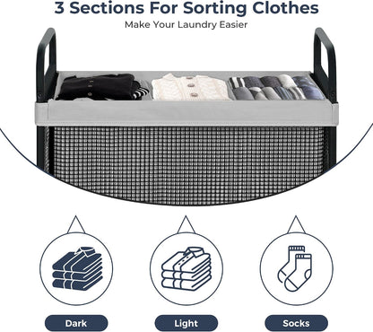 Laundry Hamper 3 Section, 120L Rolling Laundry Sorter Cart with Removable and Washable Liner Bag, Clothes Hamper with Wheels and Metal Handle for Laundry Room and Bedroom, Gray
