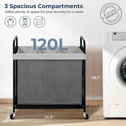 Laundry Hamper 3 Section, 120L Rolling Laundry Sorter Cart with Removable and Washable Liner Bag, Clothes Hamper with Wheels and Metal Handle for Laundry Room and Bedroom, Gray
