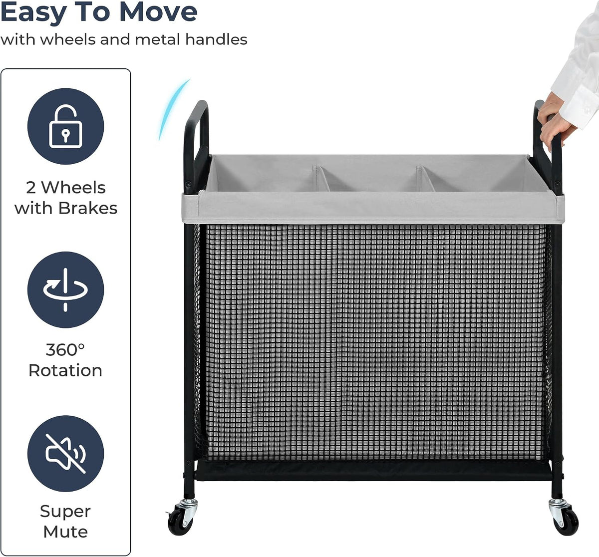 Laundry Hamper 3 Section, 120L Rolling Laundry Sorter Cart with Removable and Washable Liner Bag, Clothes Hamper with Wheels and Metal Handle for Laundry Room and Bedroom, Gray