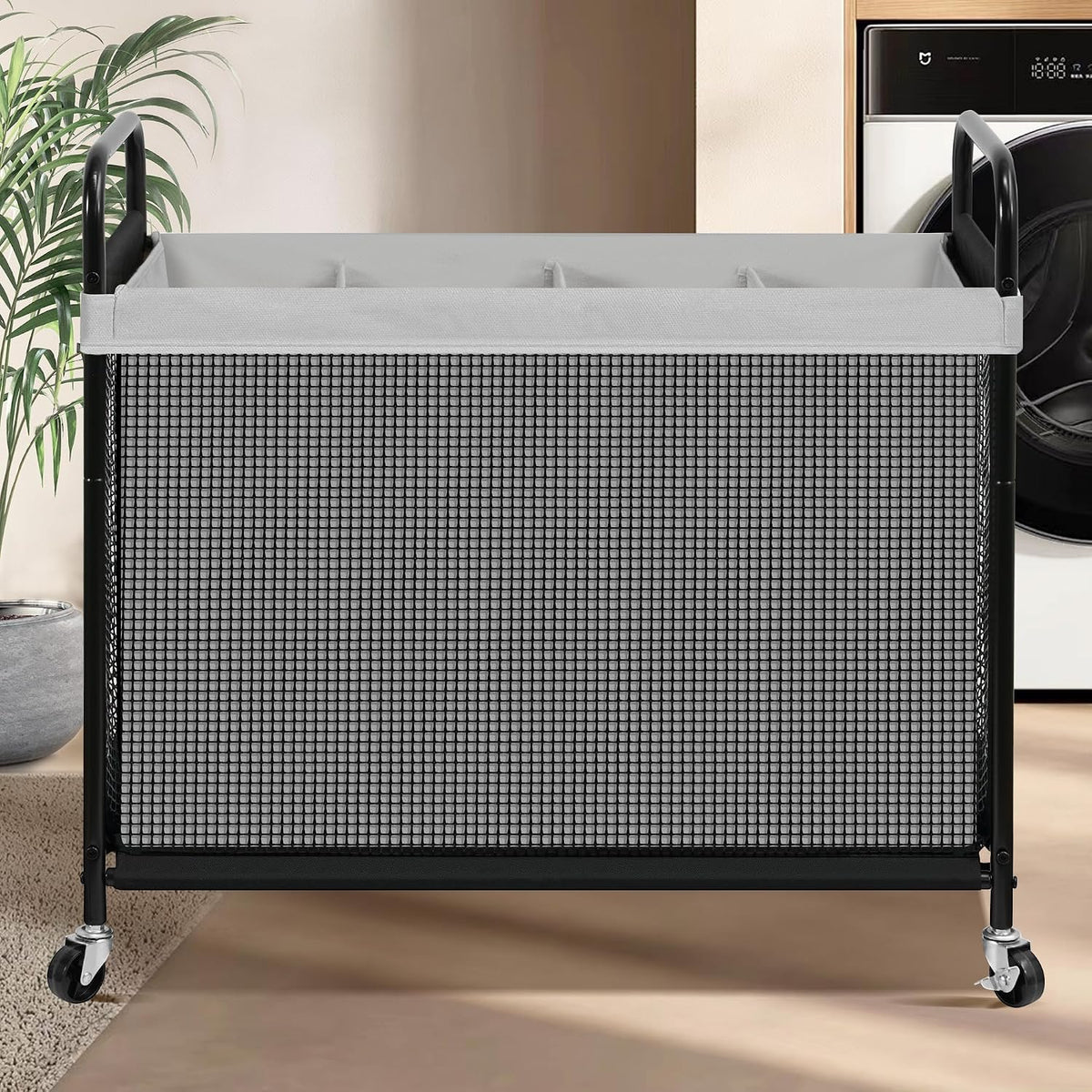 Laundry Hamper 3 Section, 120L Rolling Laundry Sorter Cart with Removable and Washable Liner Bag, Clothes Hamper with Wheels and Metal Handle for Laundry Room and Bedroom, Gray