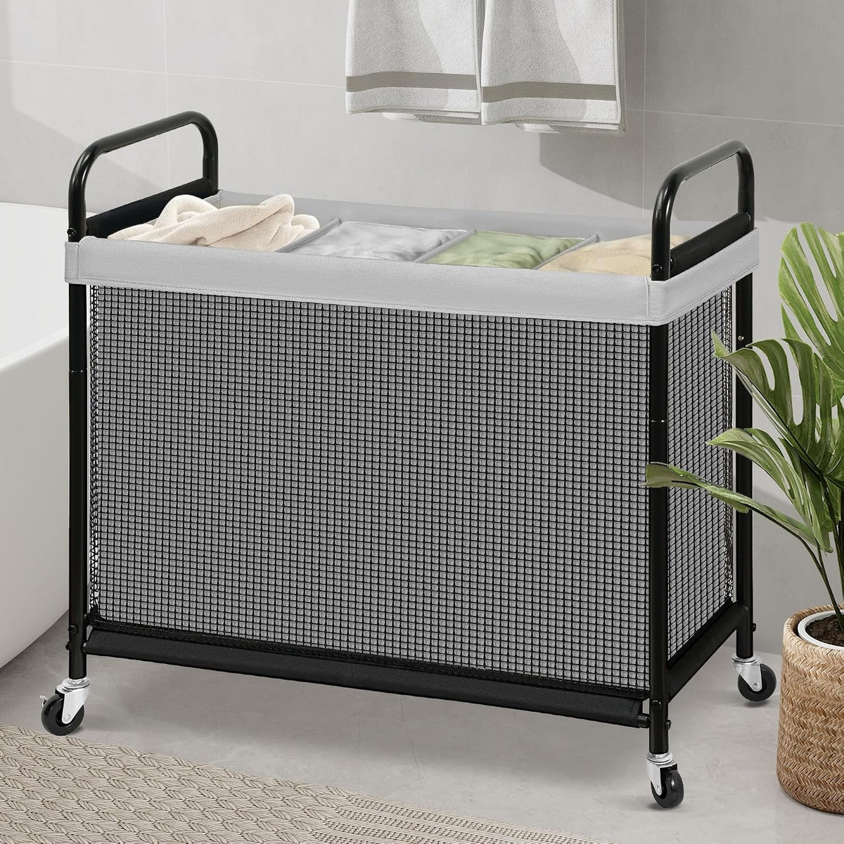 Laundry Hamper 3 Section, 120L Rolling Laundry Sorter Cart with Removable and Washable Liner Bag, Clothes Hamper with Wheels and Metal Handle for Laundry Room and Bedroom, Gray