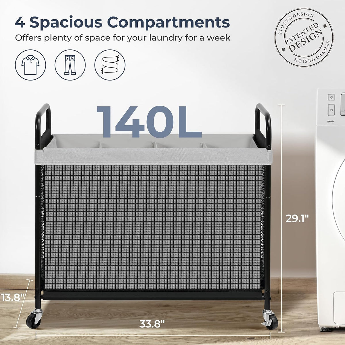 Laundry Hamper 3 Section, 120L Rolling Laundry Sorter Cart with Removable and Washable Liner Bag, Clothes Hamper with Wheels and Metal Handle for Laundry Room and Bedroom, Gray