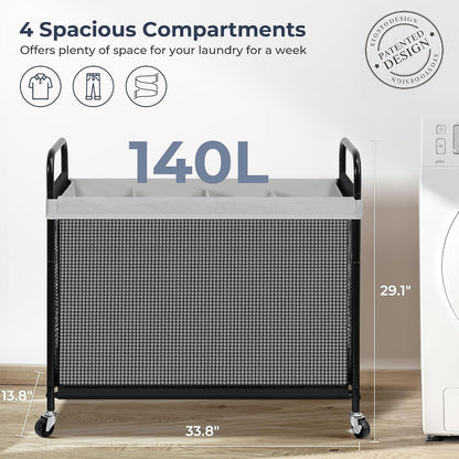 Laundry Hamper 3 Section, 120L Rolling Laundry Sorter Cart with Removable and Washable Liner Bag, Clothes Hamper with Wheels and Metal Handle for Laundry Room and Bedroom, Gray